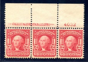 US SCOTT #319 PL# TOP IMPRINT STRIP OF 3 MINT-VF-XF-OG-NH GRADED 85 W/ PSE CERT