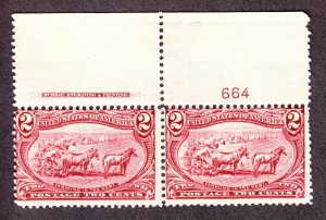 US 286 2c Trans-Mississippi Mint Plate #664 Top Pair Fine OG NH SCV $160