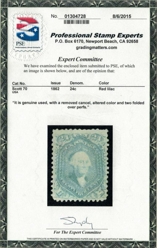 US #  70 SCV $500.    24c Washington, w/PSE CERT, very well centered, appears...