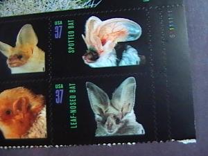 U.S.# 3661-3664(3664a)MINT/NH-PLATE# BLOCK OF 8-WITH LABEL--AMERICAN BATS --2002