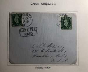 1939 Crews Glasgow Scotland England Postcard Late Fee Cover To The USA