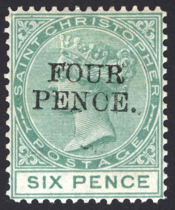 St Christopher 1884 4d on 6d Green SG 22a Scott 19a LMM/MLH Cat £65($88)