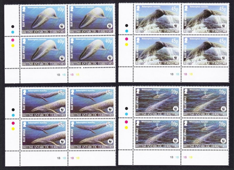 BAT WWF Blue Whale 4 SW Corner Blocks with margins 2003 MNH SC#326-329