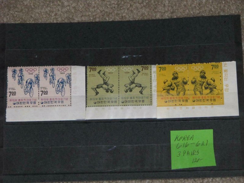 KOREA, SCOTT# 616-621- 3 PAIRS, 1968 OLYMPICS, MNH