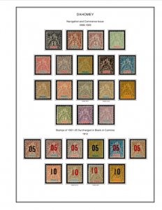 COLOR PRINTED DAHOMEY 1899-1944 STAMP ALBUM PAGES (16 illustrated pages)