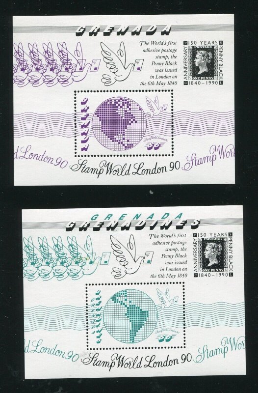 Grenada 1841, Grenadines 1185 Penny Black Stamp Sheets MNH 1990