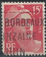 France 602 (used, Bordeaux postmark) 15fr Marianne, crim rose (1949)