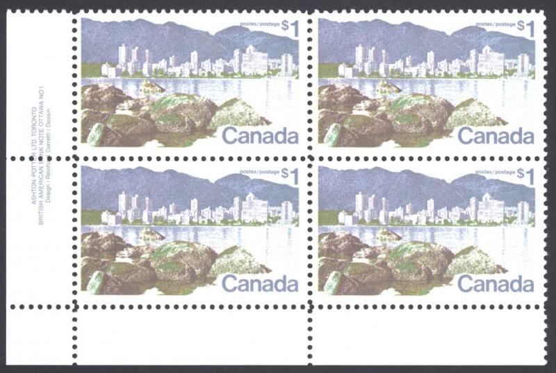 Canada Sc# 600 MNH PB LL (Plate 1) 1972 $1.00 Vancouver
