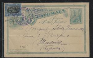 GUATEMALA (P2309B) 1908 3C PSC UPRATED 12 1/2C TO MADRID SPAIN