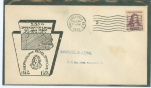 US 724 1932 3c William Pen Commemorative on an addressed FDC with a Philadelphia, PA cancel and the Record Stamp Club Cachet
