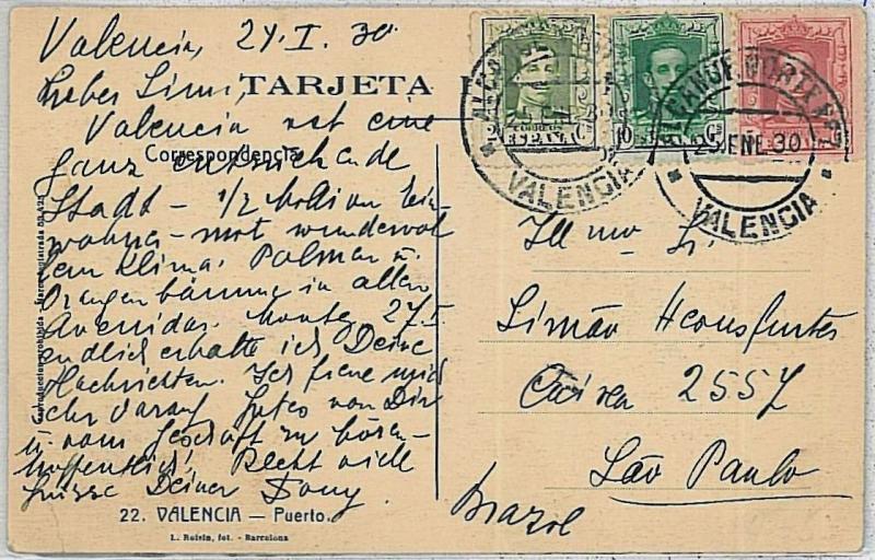 37040  - SPAIN - POSTAL HISTORY - POSTCARD from  VALENCIA to BRAZIL - 1930