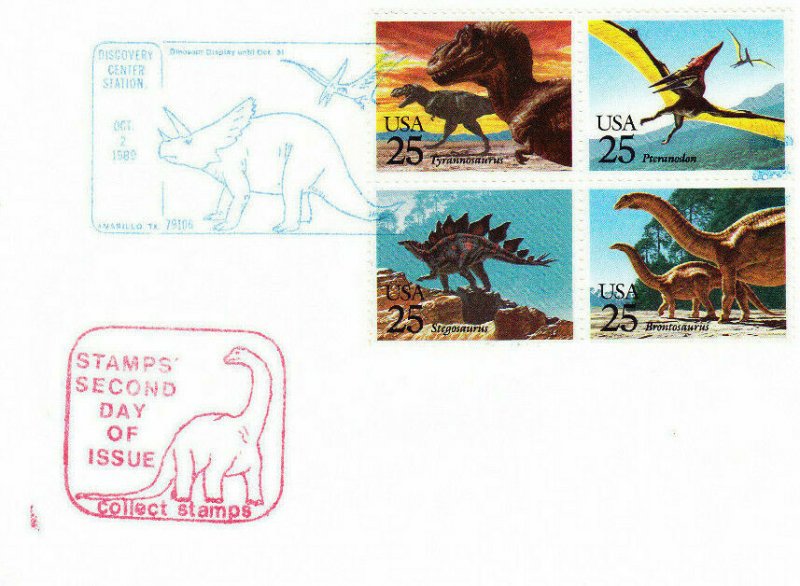 USPS Second Day Ceremony Program #2422-2425 Dinosaurs + FDC Amarillo Texas