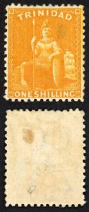 TRINIDAD and TOBAGO SG74  1/- Chrome-yellow Perf 12.5 Wmk CC (Thin) Cat 170