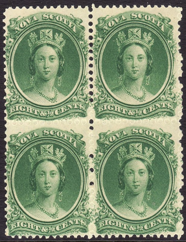 1860-63 Canada Nova Scotia Queen Victoria QV 8½¢ block of 4 MNH Sc# 11 CV $80
