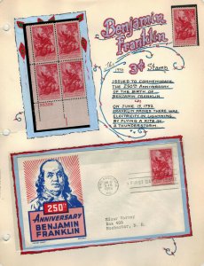 Handpainted Page FDC 1073 BEN FRANKLIN 250th ANNIVERSARY Philadelphia PA 1956 