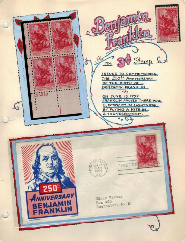 Handpainted Page FDC 1073 BEN FRANKLIN 250th ANNIVERSARY Philadelphia PA 1956 