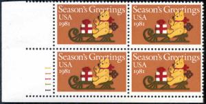 SC#1940 (20¢) Felt Bear on Sleigh Plate Block: LL#11111 (1981) MNH