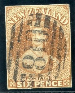 New Zealand 1857 QV 6d brown very fine used. SG 13. Sc 9.