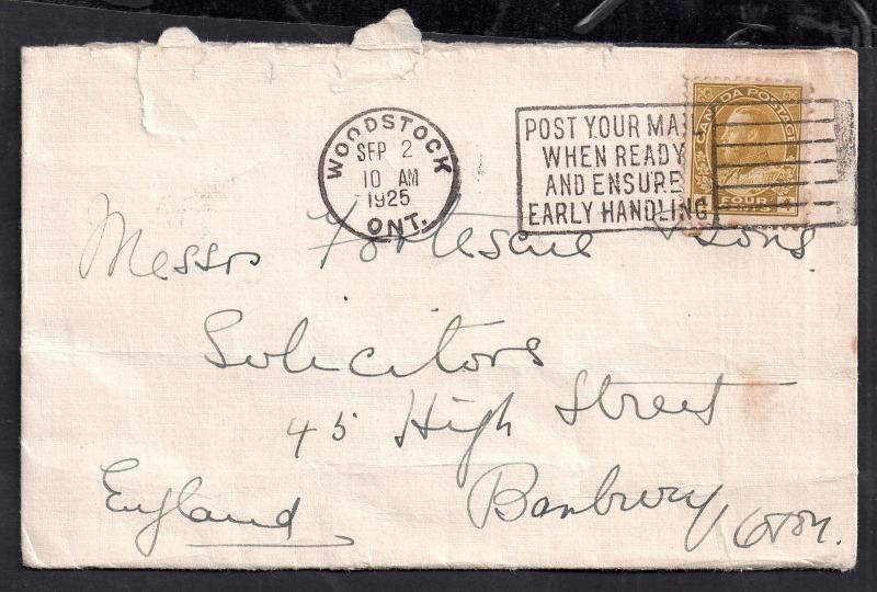 Canada 1925 4c KGV cover Woodstock CDS WS3636