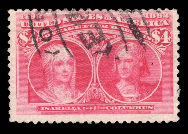 MOMEN: US STAMPS # 244 $4 COLUMBIAN USED $1,100 LOT #27894