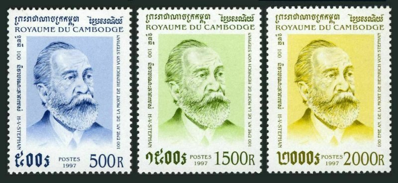 Cambodia 1618-1620, MNH. Mi 1711-1713. Heinrich Von Stephan, UPU founder. 1997.