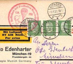 GERMANY Card 1931 BALLOON *GIFTHORN* FLIGHT AIR MAIL Osnabruck {samwells}ZD45