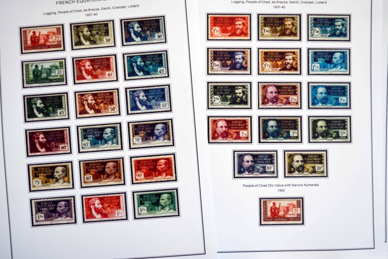 COLOR PRINTED FRENCH EQT. AFRICA 1936-1958 STAMP ALBUM PAGES (30 illustr. pages)