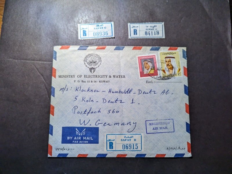 1970 Registered Kuwait Airmail Cover to Cologne Germany and 2 Registered Labels