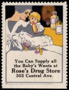 1915 US Poster Stamp You Can Supply All The Baby’s Wants At Rose’s Drug Store