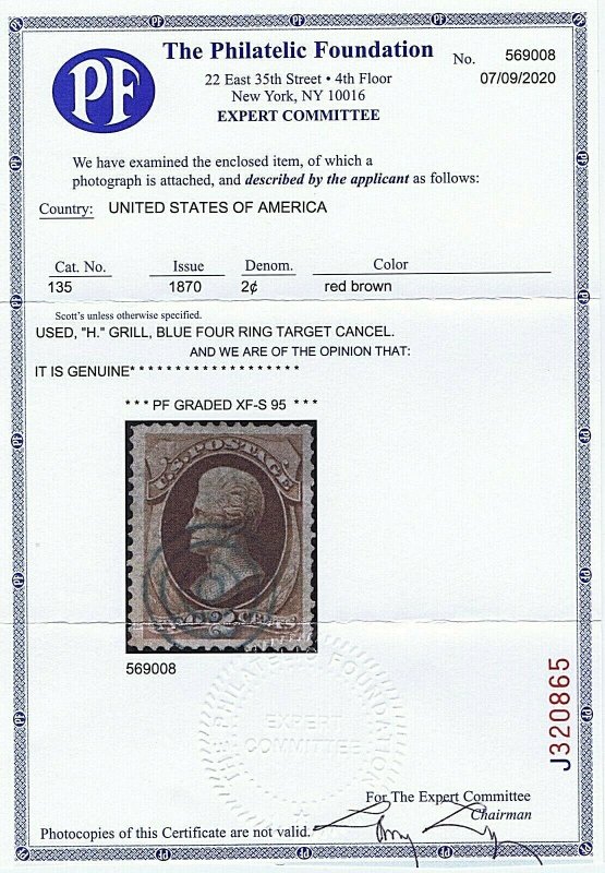 SC# 135 USED 2C JACKSON 1870, BLUE TARGET CCL 2020 PFC GRADE XF-S 95 JUMBO STAMP