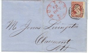 US 1850 Sc 11 DULL RED TIED ON COVER WITH CIRCULAR BOSTON PAID CANCELLER BOSTON