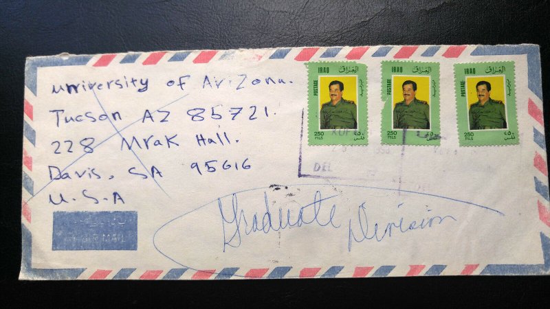 VERY RARE IRAQ “SADDAM” STAMP COVER WITH RARE “RECTANGLE CANCEL” TO USA VERY HAR