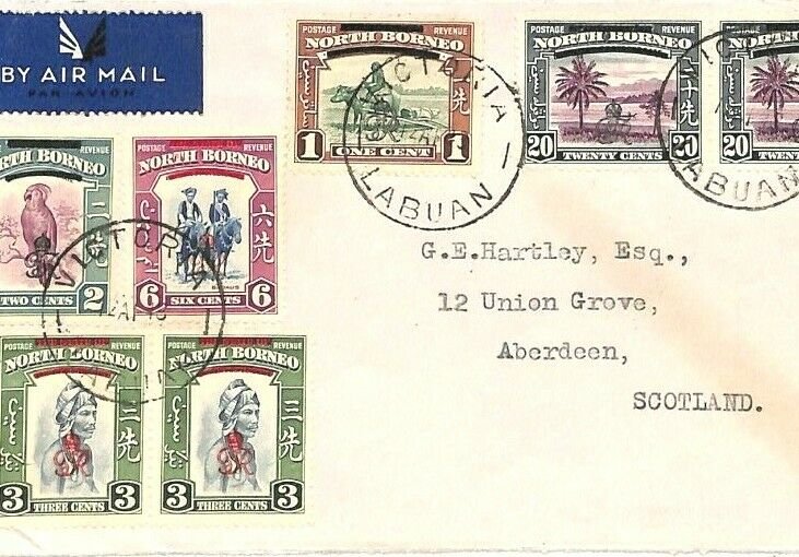 NORTH BORNEO Air Mail Cover LABUAN *Victoria* Overprints GB Scotland 1948 GV119