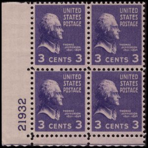 US #807 JEFFERSON MNH LL PLATE BLOCK #21932