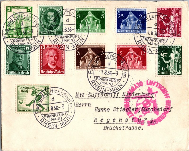 1936 Germany Berlin Zeppelin Hindenburg LZ 129 Olympic Cover to Regensburg