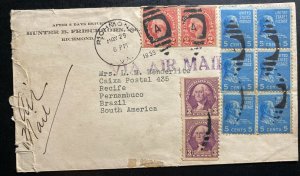 1939 Richmond VA Usa Airmail Commercial Cover To Recife Pernambuco Brazil