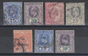 Ceylon Sc 172,174,181,187,O19,O22,O24 used. 1903-10 KEVII issues, 7 diff,  F-VF