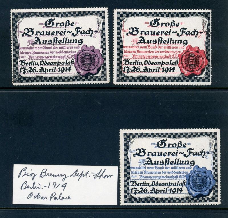 3 VINTAGE 1914 BREWERY EXPO SHOW POSTER STAMPS (L755) BERLIN GERMANY