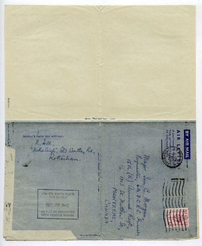 Air Letter Sheet 7 Dec 1942 First Day of Issue. Rotherham - Montreal Canada.