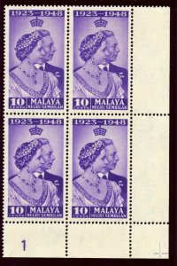 Malaya- Negri Sembilan 1948 KGVI Silver Wedding 10c plate block MNH. SG 40.