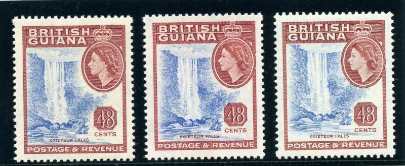 British Guiana 1953 QEII 48c in all three printings MNH. SG 341, 341a, 341ab.