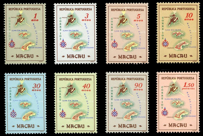 Macao #383-390 Cat$62.50, 1956 Map of the Colony, set of eight, never hinged