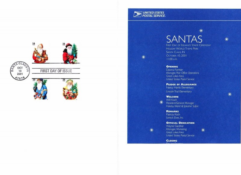 USPS 1st Day of Issue Ceremony Program #3537-3540 Xmas Santas FDOI 2001