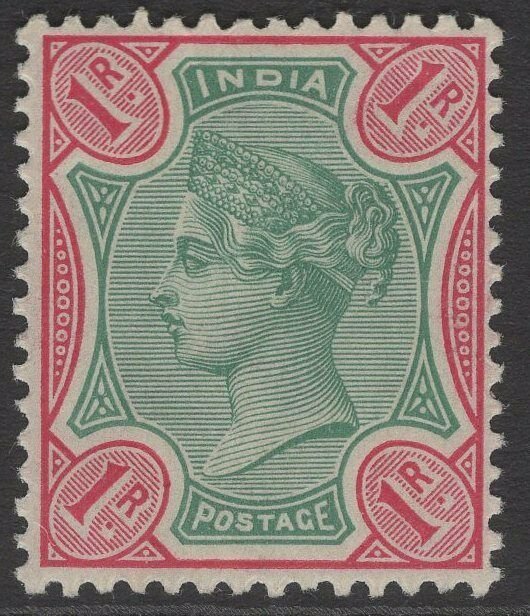 INDIA SG105 1892 1r GREEN & ROSE MTD MINT