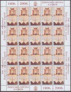 CROATIA #629.1 MNH COMPLETE SHEET of 20 ZAGREB SYNAGOGUE, 200th ANNIVERSARY