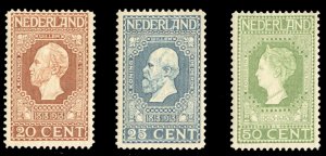 Netherlands #95-97 Cat$60.50, 1913 20c, 25c and 50c, hinged