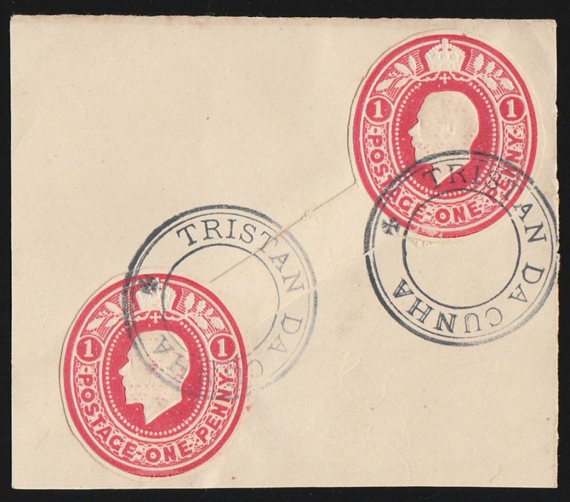 TRISTAN DA CUNHA 1921 Precursor use GB KGV 1d diag connected postal stationery.