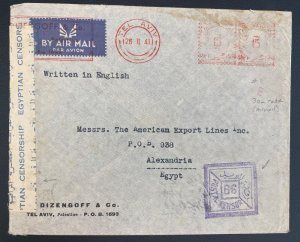 1941 Tel Aviv Palestine Meter Cancel Censored Airmail Cover To Alexandria Egypt