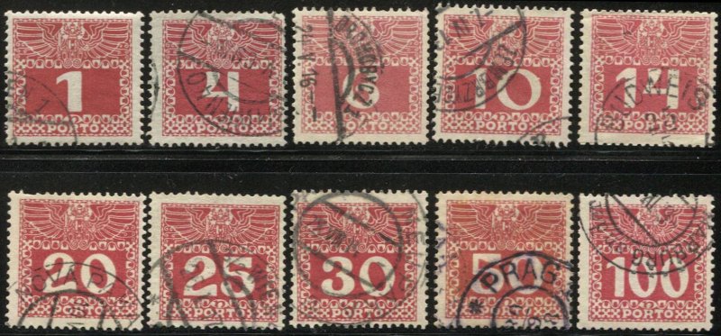 AUSTRIA 1910  Sc J34/J44  10 Used Postage Dues  VF, cv $14