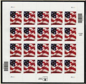 2002 FLAG Sc 3621 MNH full sheet of 20 (37c) self-adhesive, plate number P1111